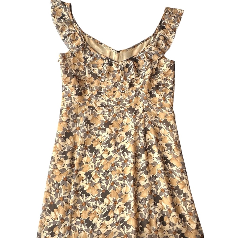 LOFT Womens Dress Tan Floral Sleeveless Ruffle V-neck Neckline Knee Length Sz 6 - Picture 9 of 15